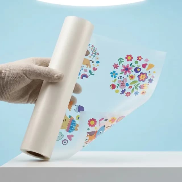 A printed DTF gang sheet being unrolled